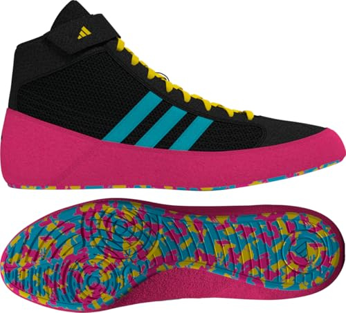 Adidas Youth HVC Wrestling Shoes, Black/Cyan/Pink, 13K