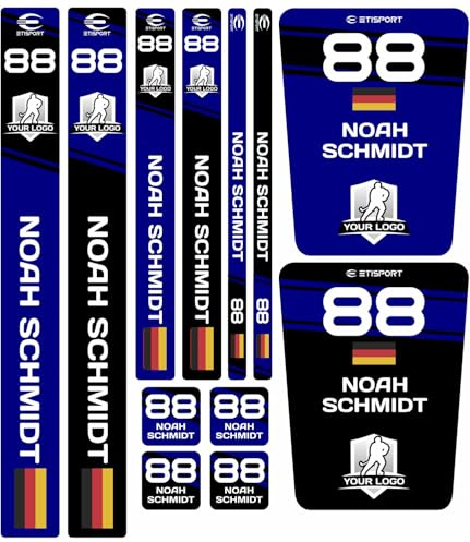 ETISPORT Etiquetas para Personalizar Artículos de Hockey con Nombre, número, nacionalidad y Logo. Set de Pegatinas para Stick y Botellas. Adhesivos Resistentes al Agua.
