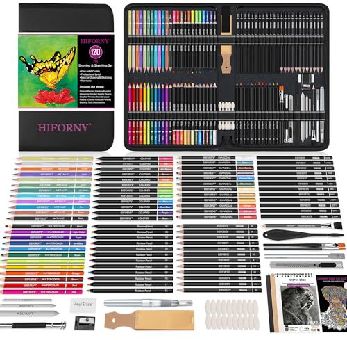 HIFORNY Kit de dessin de 120 pièces, fournitures artistiques avec carnet de croquis 3 couleurs, livre de coloriage, arc-en-ciel, aquarelle, métallique, graphite, noir et coloré, outils de mélange et