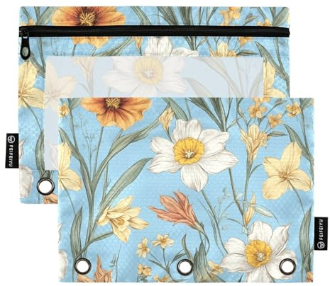 Autumn Flowers Flower Daffodil Gladiolus Blue Pencil Bag Plastic Pencil Case for Rings Binder Organizer with Zipper for Examination Stationery Supply