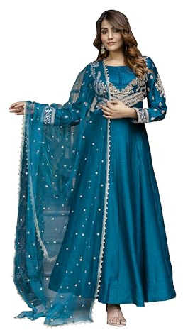 TRENDMALLS Women's Art Silk Embroidery Work Anarkali Kurta Pant with Net Dupatta Set For Women (G333-Morpeach-XL)