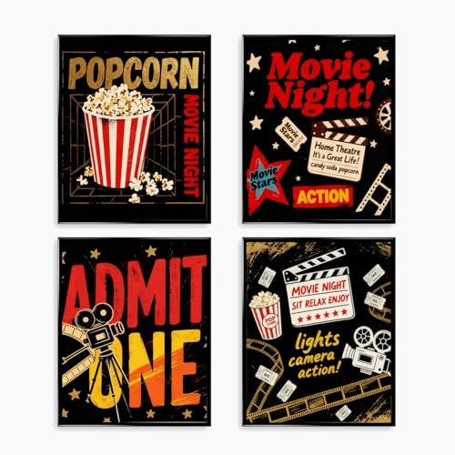 JAERUE Movie Night Wall Art Posters Vintage Cinema Decor with Popcorn Film Reel Designs 8x10 Inch Unframed Wall Art Prints 4Pack for Home Theater, Living Room, Game Room