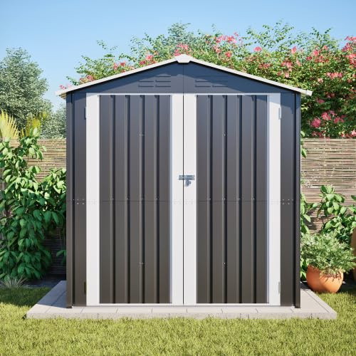 Trädgårdshus metall utrustningsskjul 142 x 185 cm med fundament och ventilation, låsbart cykelgarage och motorcykelgarage, väderbeständig för trädgård och utomhus, grå