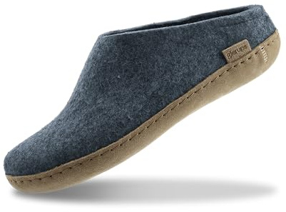 Glerups Wool Slippers for Woman and Man, Slip-On, Leather Sole, Denim
