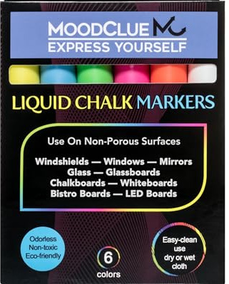 MoodClue Liquid chalk markers washable, erasable, dry or wet erase. 6 neon markers for whiteboards, glass boards, mirrors, chalkboards, windows, car windshields, glass. Non-toxic, reverse tip pens