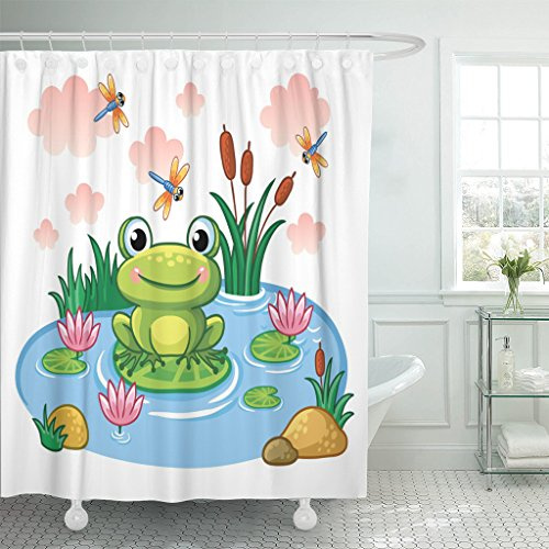 Emvency Shower Curtain Blue Cartoon Frog Sits Leaf in Pond Children's Style Lake with Animals Colorful Baby Waterproof Polyester Fabric 72 x 72 inches Set with Hooks