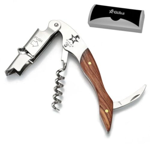 Gifaz Cavatappi Made in Italy - PERSONALIZZZATO - con Manico in Legno Strumento Professionale Multifunzionale per Vino con Apribottiglie, Tagliacapsule e Leva a Doppio Appoggio