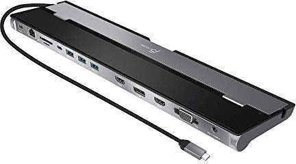 j5create Dockingstation Typ C - Unterstützung von 3 Displays gleichzeitig - DisplayPort, VGA, PD-Schnellladung, Gigabit-Ethernet - 45cm Typ-C-Kabel enthalten (JCD543)