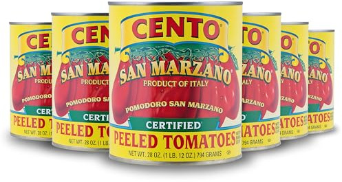 Cento Certified San Marzano Whole Peeled Tomatoes, 28 Oz (Pack of 6), Canned Plum Tomatoes in Thick Puree with Basil, Grown and Processed in Italy
