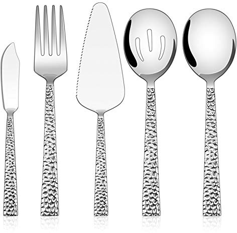 E-far Hammered Serving Utensils, 5-Piece Stainless Steel Square Hostess Serving Set for Buffet Party Kitchen Restaurant, Mirror Finished & Dishwasher Safe