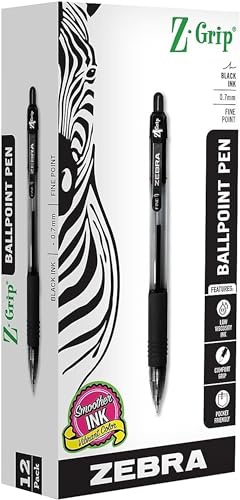Zebra Pen Z-Grip Retractable Ballpoint Pen, Smooth-Flowing Ink, Fine Point, 0.7mm, School & Office Supplies, Ideal for Note-Taking, Journal and Planner Use, Black Ink, 12-Pack (23910)