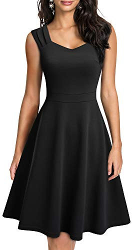 HOMEYEE Damen Vintage V-Ausschnitt Ärmellose Einfarbige Party A-Linie Sommerkleid A246 (L, Schwarz)