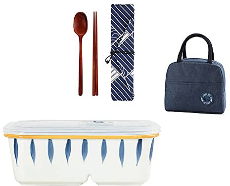 ASDNN Caja Bento De Cerámica De Estilo Japonés, Creativa Y Simple Que Se Puede Calentar En Un Horno De Microondas, con Bolso De Vajilla, Adecuada para El Trabajo, Los Viajes Y El Picnic