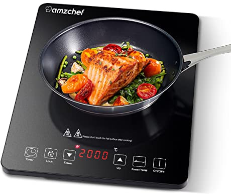 AMZCHEF Placa Inducción Portatil, Placa de inducción de 2000 W con 10 Niveles de Potencia, 10 Niveles de Temperatura, Control por Sensor Táctil, Bloqueo de Seguridad