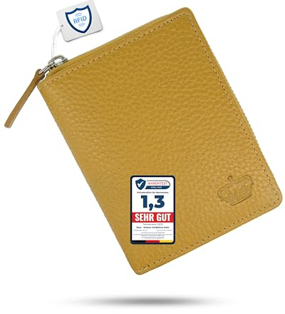 Baur Damen Geldbörse – Echtes Leder mit RFID-Schutz – Kleines Portemonnaie mit 6 Kartenfächern – Druckknopfverschluss & Münzfach mit Reißverschluss (Senf-Gelb)
