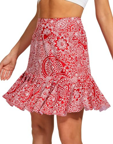 M MOTEEPI Tennisrock Damen Hosenrock Skirts Skort 19 Knielang Ruffle Saum Rock mit Hose Drunter Rock Damen Fahrradrock Golfrock Hohe Taille mit 3 Taschen Rotes Paisley M