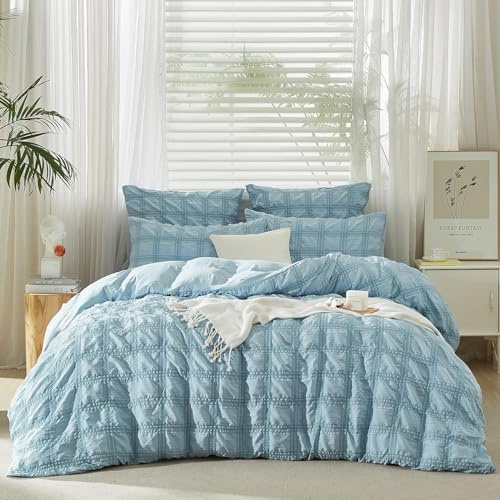 YASMENG Juego de ropa de cama de seersucker de 220 x 240 cm, ropa de cama a cuadros moderna azul de verano, funda nórdica suave y esponjosa y transpirable de microfibra, juego de 3 piezas con