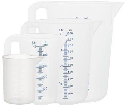 D.LINE Hünersdorff Messbecher-SET, 4er Pack,Messbecher Set mit Griff, 2L,1L,500ml, 120ml,transparent,Hitzebeständig für Waschmittel, Küche, Labor, die Autopflege und vieles mehr,extra feine Skala