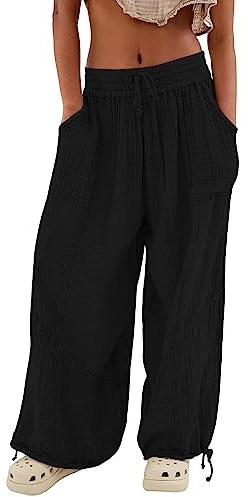Tygbyxor dam elegant hög midja – sportbyxor dam långa breda ben fritidsbyxor vida ben elastiskt band haremsbyxor stora storlekar strandbyxor elastiska sweatpants breda haremsbyxor streetwear