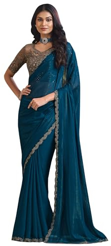 AKHILAM Sari multicolor Georgette sólido para mujer con blusa sin costuras (SALSA7801_TFH_Parent), Verde azulado1, talla única