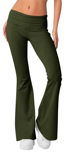 Faible Taille Jambières pour Femmes ConPourtable Évasé Pliés De Yoga Yoga Pantalon Solide Couleur Cloche Culotte Entraînement Gym Jambières Armée Verte L Femme Pantalon Taille Elastique