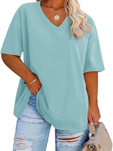 Fisoew T-shirt grande taille pour femme avec col en V et manches courtes - T-shirt d'été surdimensionné basique ample - Grandes tailles - En coton