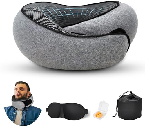 HOVCEH Nackenkissen Flugzeug, Reisekissen Flugzeug mit Augenmaske und Ohrstöpsel, Nappy Reisekissen Dreamjoy, Flugzeug Kissen, Nackenkissen Reise, Reisekissen für Reisen mit Flugzeug, Auto, Zug, Grau