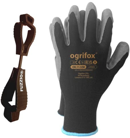 FUZZIO Lot de 12 paires de gants de travail pour homme - Taille 8 - Noir - Gants de jardinage pour homme - Revêtement en latex avec clip à gants