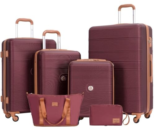 Travelhouse Bari bagageset, 6 delar, 4 väskor med hjul, resväska och toalettkit, hårt skal, Vinröd, S+M+L, Resväska set