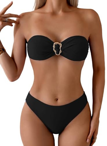 Tainehs Women's Strapless Bikini Sets Tube Top Bandeau Swimsuit Tie Back Mid Rise Two Piece Bathing Suits Black