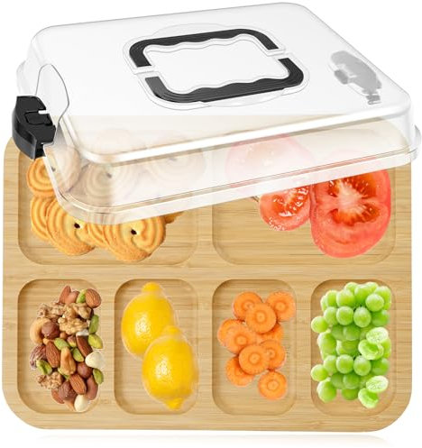 Charcuterie Board,Portable Travel Wooden Cutting Board Fruit Tray with Clear Lid and 6 Compartment, Large Capacity Cheese Board Serving Tray Platter Box Gift Set for Parties Guests Picnics
