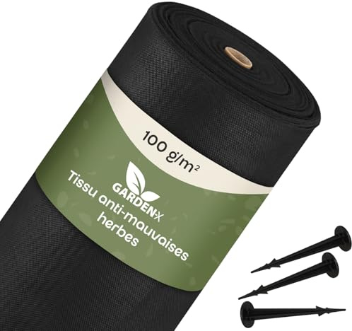 GARDENIX 200 m² ogräsfleece med 50 markankare 200 m² (2 m x 100 m) – vattentät 100 g/m² – svart UV-resistent folie fleece hög bädd, ogrässkyddsfilm, trädgårdskakel, rabattfolie växtfolie