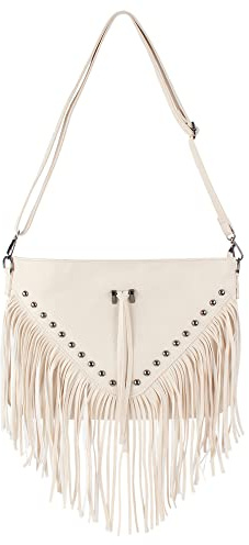 Aisi Borsa a tracolla da donna vintage con nappa, in pelle, borsa messenger con frange, 6802 Beige