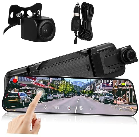 Sosoport Cámara De Grabación para Coche 10 Pulgadas Pantalla Táctil Full, Cámara De Marcha Atrás para Coche Delantera y Trasera, Visión Nocturna, Transmisión Directo para Seguridad Vial