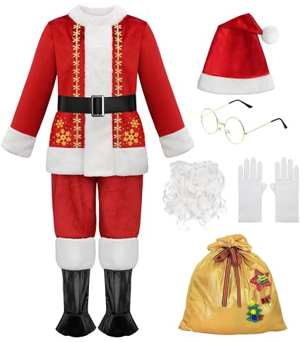 ReliBeauty Kids Santa Costume, 9 PCS Deluxe Toddler Boy Velvet Christmas Outfit for Halloween Cosplay, 110