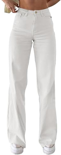 Dam raka ben jeans säckig långa breda ben jeans hög midja lätta denimbyxor med knappar lösa breda ben stretch raka byxor