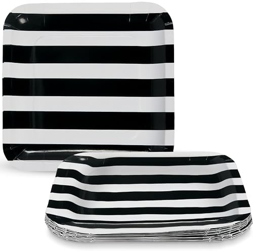 Fun Express - Black & White Striped Square Paper Dinner Plates for Wedding - Party Supplies - Print Tableware - Print Plates & Bowls - Wedding - 25 Pieces