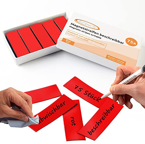 ECENCE 75 Skrivbar magnetremsa - 60x20mm Röd - Klisterremsor som kan anpassas i storlek - magnetiska skyltar som går att torka av - magnetiska etiketter för tavlor, kylskåp,