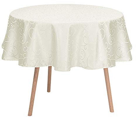 Laneetal Tischdecke Abwaschbar Ornamente Damast Seidenglanz Tischtuch Rund 160 cm, Creme – Wasser- & Schmutzabweisende Tafeldecke aus Polyester, Ideal für Küche und Wohnzimmer