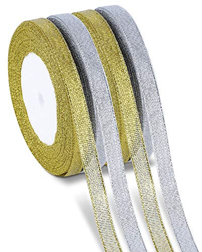 Nastro Raso Natalizio Colori Misti Nastrini Decorativo Decorazioni per Fai da Te Natale Feste Regalo (Oro Argento)