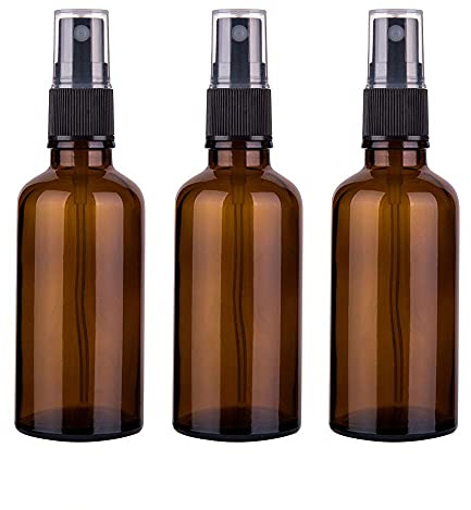 Lot de 3 flacons vaporisateurs en verre ambré de 100 ml avec pulvérisateur à brume fine et bouchon anti-poussière, vides rechargeables pour produits de nettoyage pour fleurs d'eau, produits de