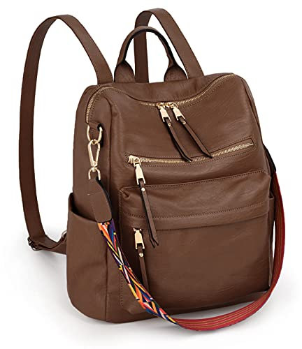 UTO Travel Backpack Women Ladies Work Bags Fits 13 Inches Laptop Colourful Shoulder Strap Vegan Leather Coffee