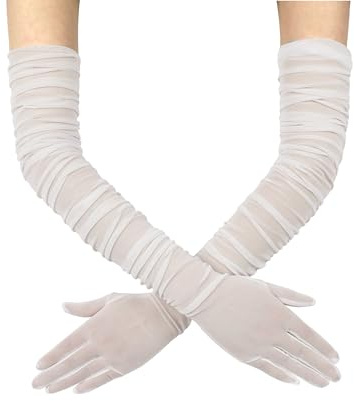 QRBTSCL Guanti da donna elasticizzati super lunghi in tulle increspato a rete guanti velati per serate, Halloween, Opera Party, Avorio, taglia unica