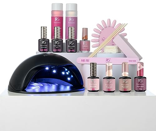Pink Gellac Kit de Uñas Semipermanentes - Set de Manicura y Pedicura con Pro Lampara Uñas Semipermanentes Negra, 4 Tonos Rosas 15 ml, Top Coat y Base Coat, Removedor y Limpiador - Calidad de Salón
