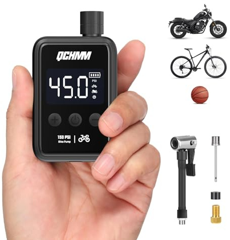 QCHMM Bomba de Bicicleta, Bike Pump Portátil con Pantalla LCD Digital, 120PSI, Mini Inflador Bicicleta Portatil y Electrica con Bateria, 500mAh