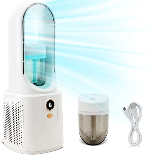 Hibtn Bladeless Tower Fan With Spray Humidifier - USB Rechargeable Night Light Fan Cooling Air For Bedroom
