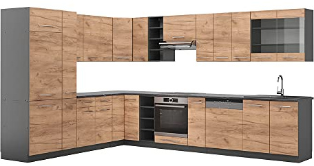 Vicco Eckküche Fame-Line, Goldkraft Eiche/Anthrazit, 347 x 60 cm, AP Anthrazit, für Flexible Küchenplanung und modulare Erweiterung