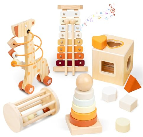 Smartwo Juguetes Madera 5-en-1 para Bebe, Juguetes Montessori 1 Año con Torre Apilable, Instrumentos Musicales Niños, Motricidad Fina, Juguetes Sensoriales Educativos Montessori, Regalo 1 2 3 Años