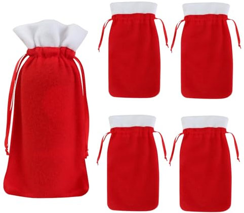 bruwaa 5 Stück Weihnachtliche Weinflaschentaschen，Mit Kordelzug, Wiederverwendbare Weinflaschentaschen für Weihnachten, Hochzeit, Reisen, Geburtstag, Urlaub, Party