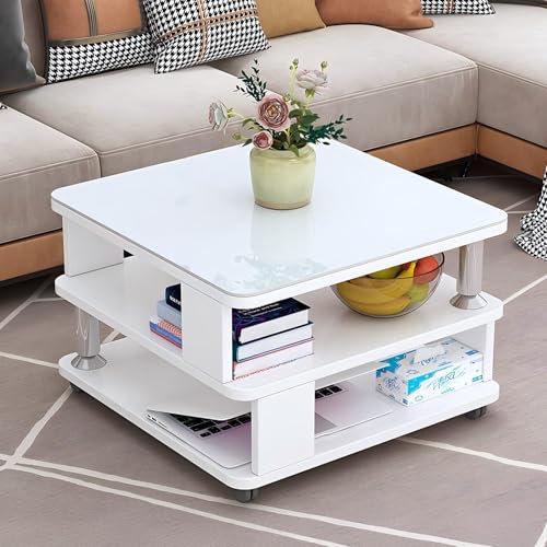 GHBXJX Moderner Couchtisch Weiß Hochglanz mit Stauraum und Rollen, Kompakter Sofatisch für Wohnzimmer, Schlafzimmer und Balkon, Flexibler Beistelltisch für Sofa und Bett, 50x50x55 cm,Weiß1
